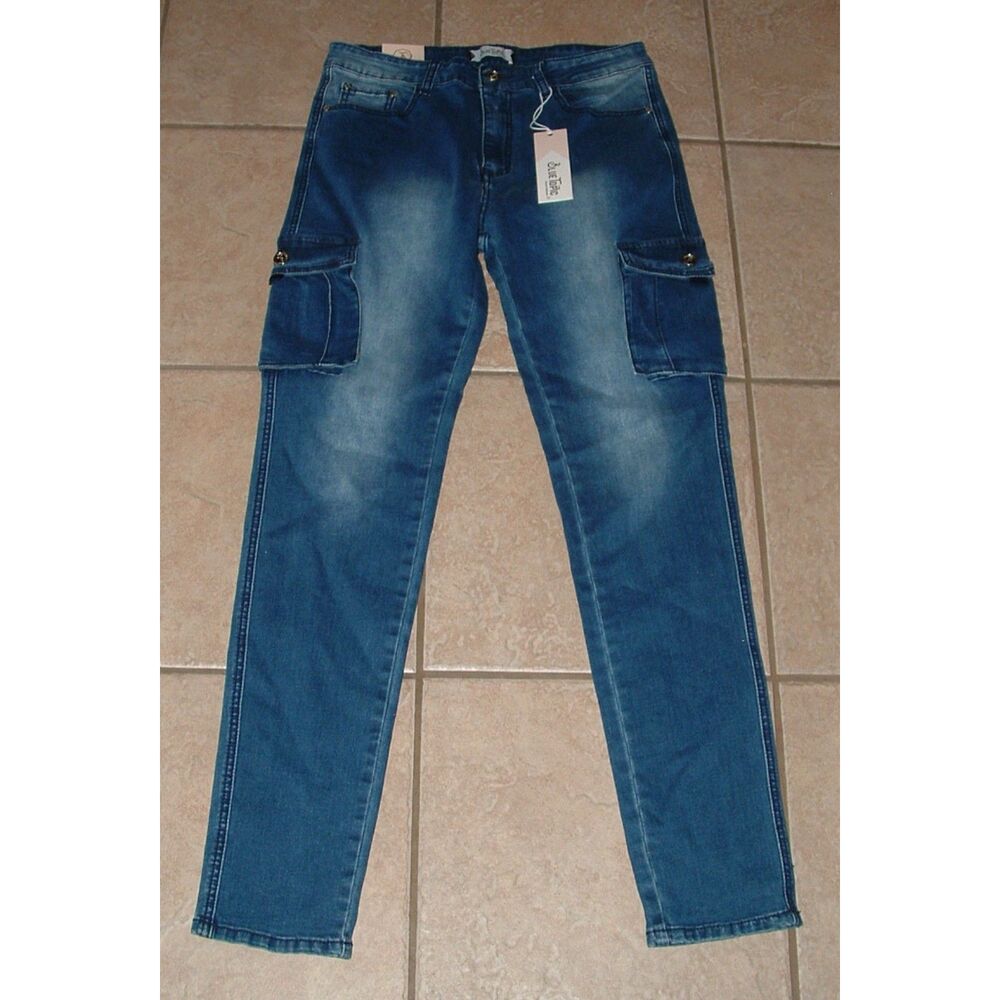 NEW NWT Denim Jr Sz Large Stretchy Jegging Jeans Cargo Pockets BLUE TOPIC